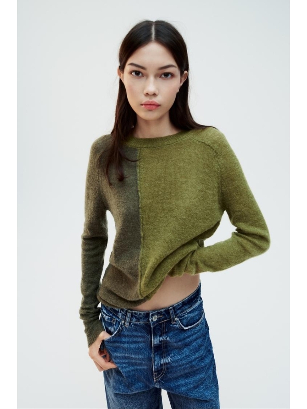 Zara Color block Green Wool & Alpaca Blend Sweater Long Sleeve Soft Breathable S
